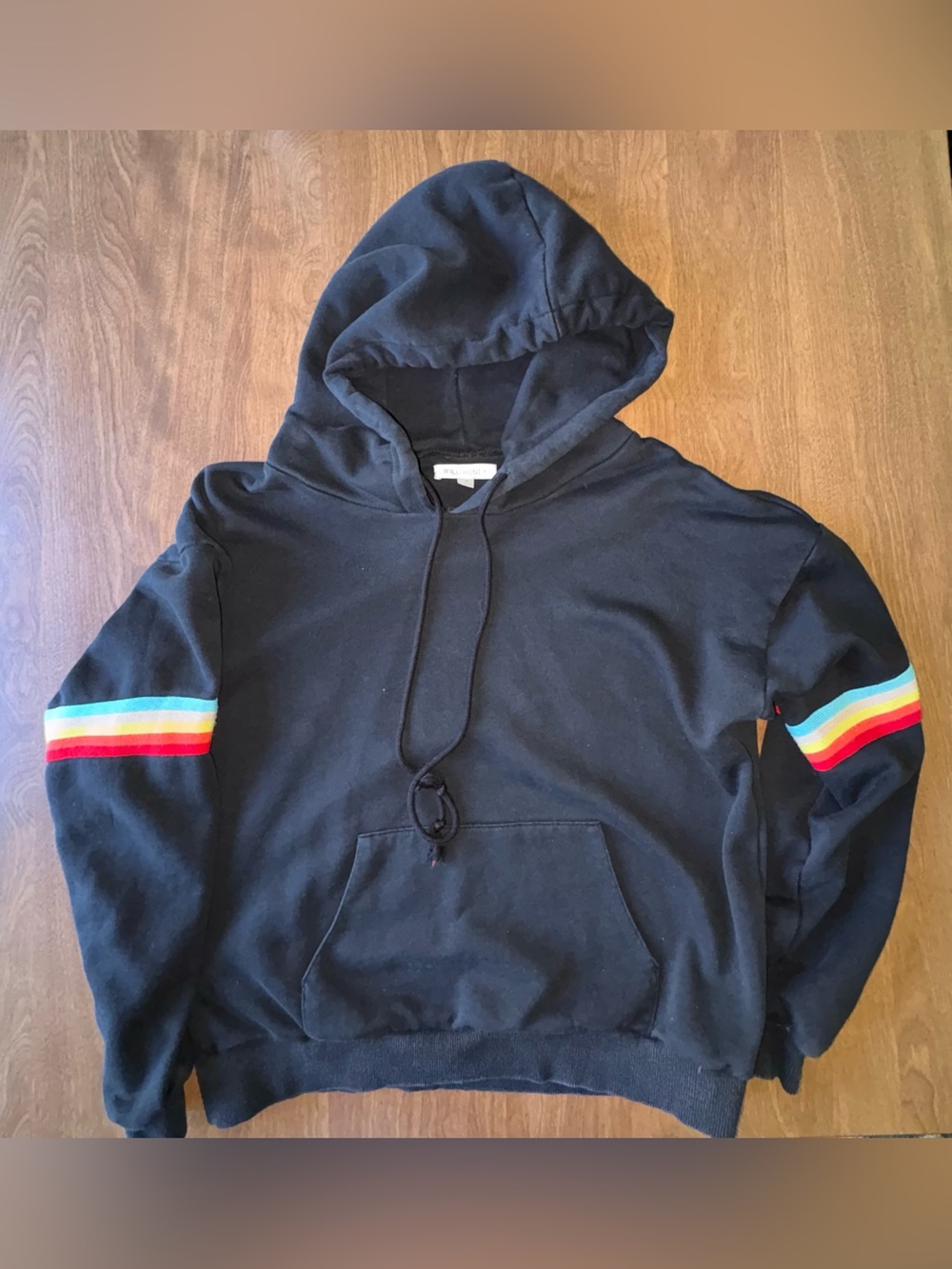 Wild Honey Black Hoodie with Rainbow Sleeve Stripes